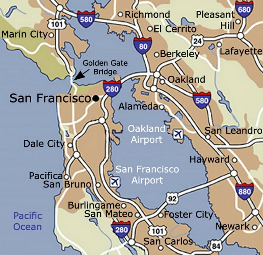 Kat jeyografik nan San Francisco ayewopò a ak zòn nan vwazinaj