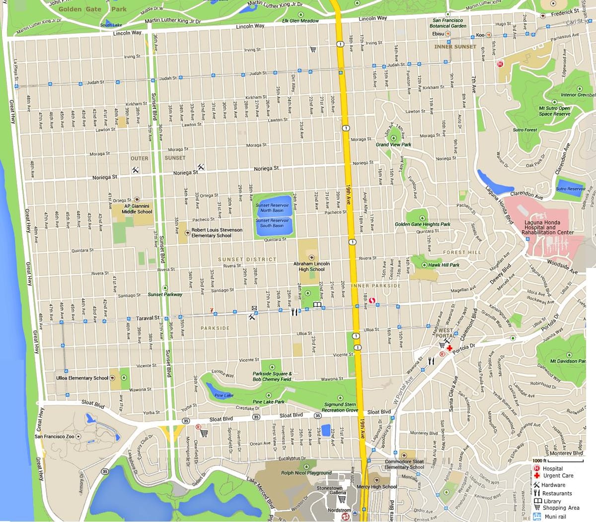 Kat jeyografik nan solèy kouche distri San Francisco